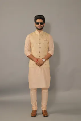 Alluring Peach Luckhnawi Sequin Embroidered Nehru Jacket with Peach Kurta Pajama Set - Handcrafted | Free Personalization | Diwali, Sangeet Party