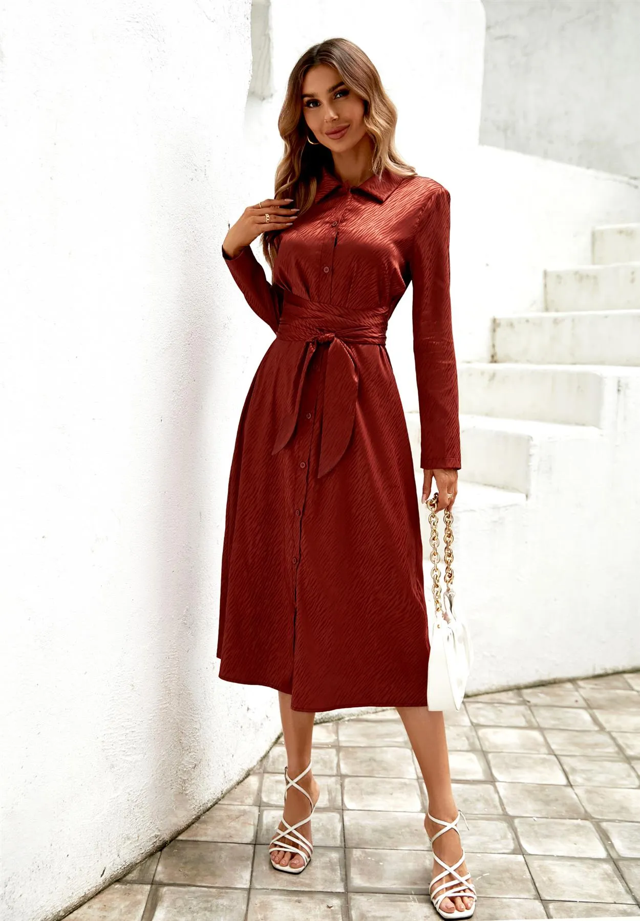 Animal Print Shirt Midi Satin Wrap Dress In Copper Red