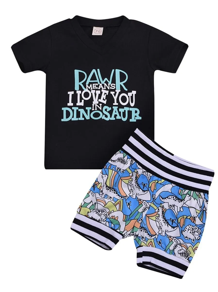 Baby Little Boy Clothes RAWR Means I LOVE YOU IN DINOSAUR T-shirt Printed Shorts 2-Piece Outfits