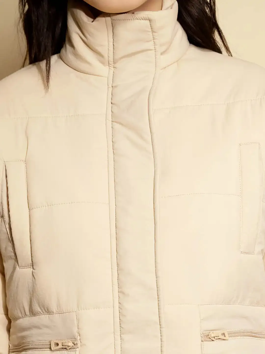 Beige Solid Full Sleeve Turtle Neck Puffer Jacket