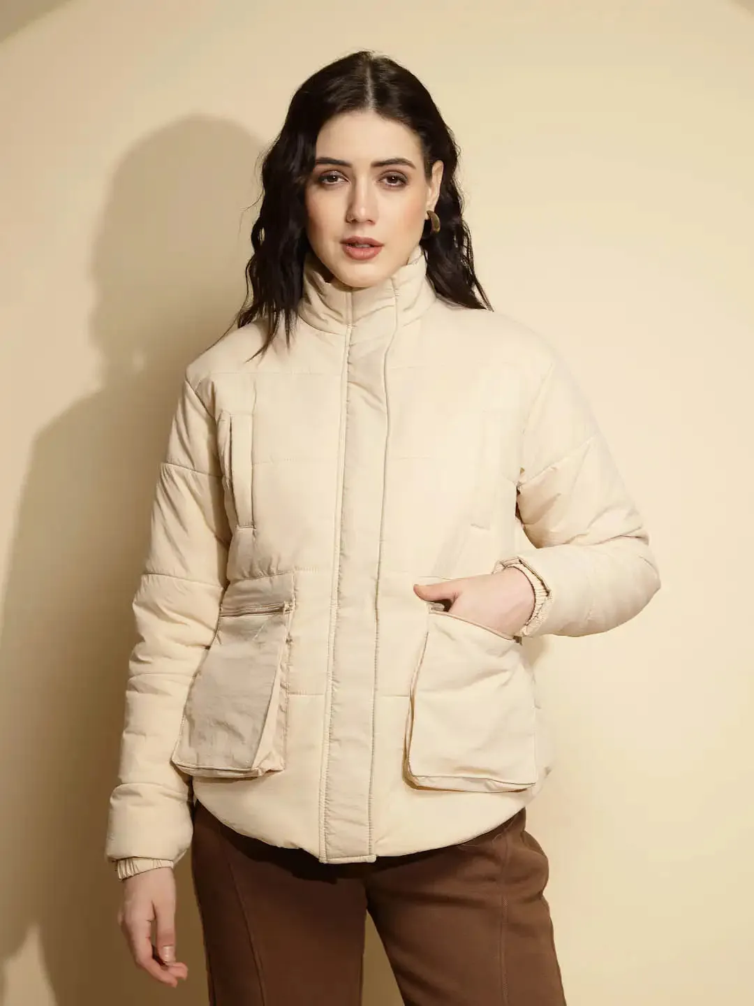 Beige Solid Full Sleeve Turtle Neck Puffer Jacket