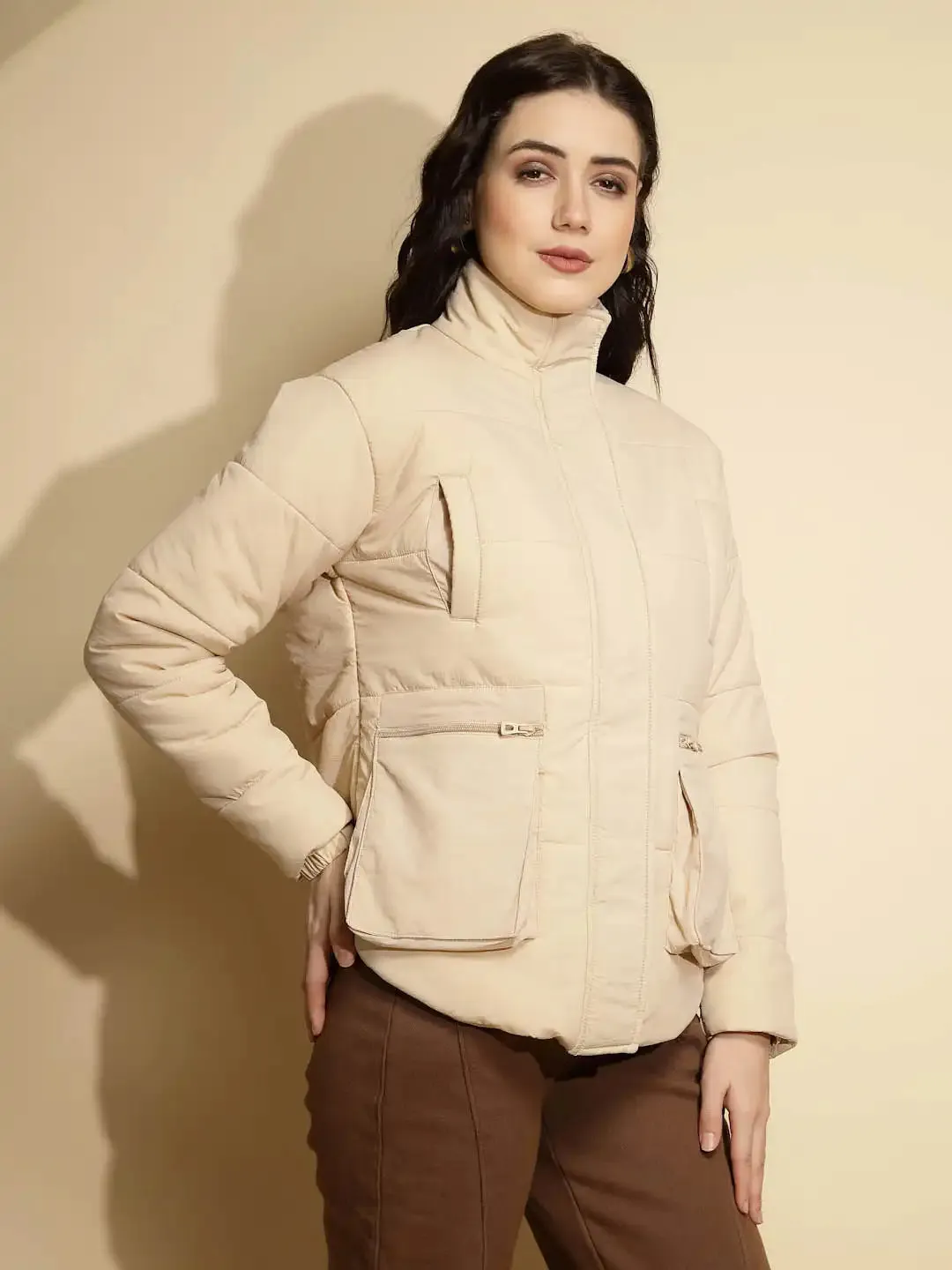 Beige Solid Full Sleeve Turtle Neck Puffer Jacket