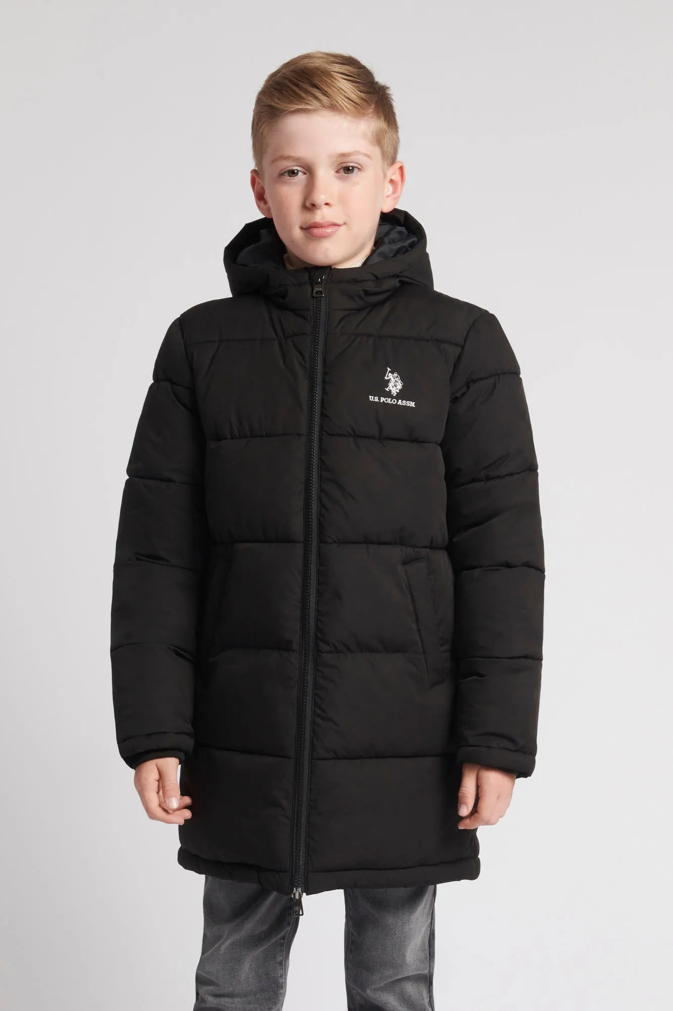 Boys Large Baffle Longline Puffer Coat in Black