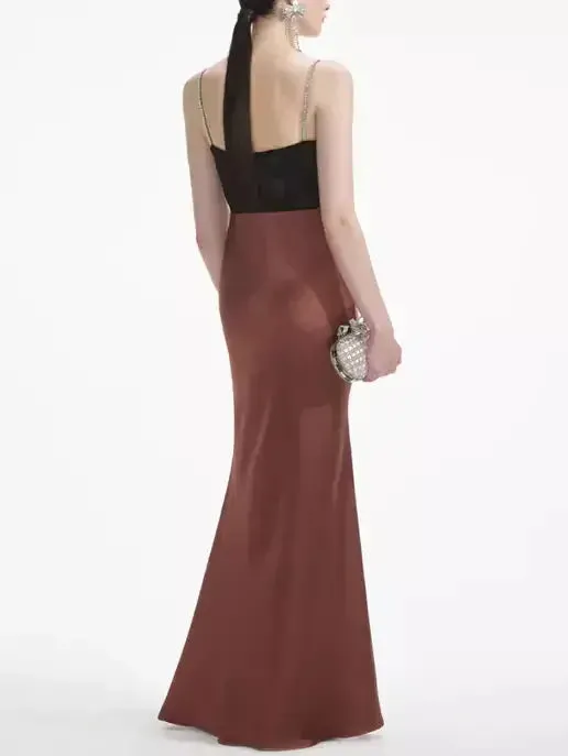 Brown Crystal-Detailed Satin Maxi Dress