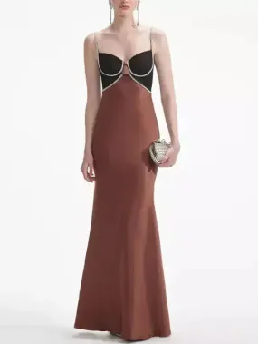 Brown Crystal-Detailed Satin Maxi Dress