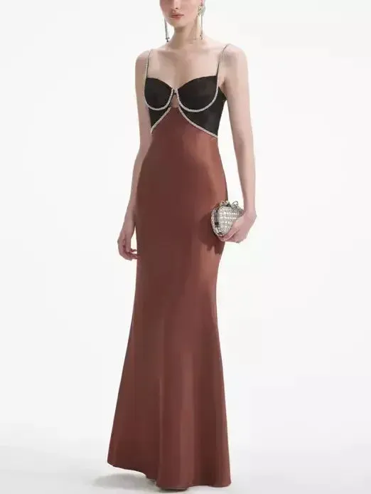 Brown Crystal-Detailed Satin Maxi Dress