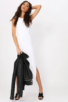 Cream Side Slit Ribbed Maxi Dress