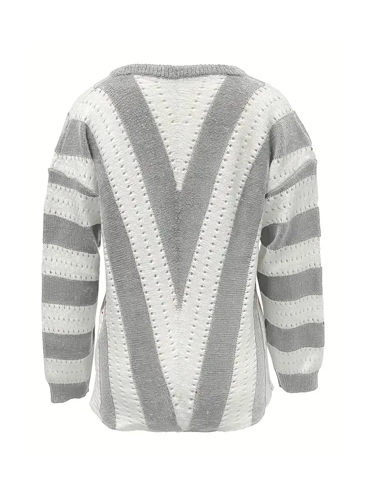 deanwangkt Plus Size Womens Long Sleeve Deep V Neck Zipped Up Hand Knit Striped Sweater Tops Loose Pullover Jumper Tops