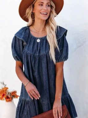 Denim Tunic Mini Dress with Puff Sleeves and Ruffle Accents