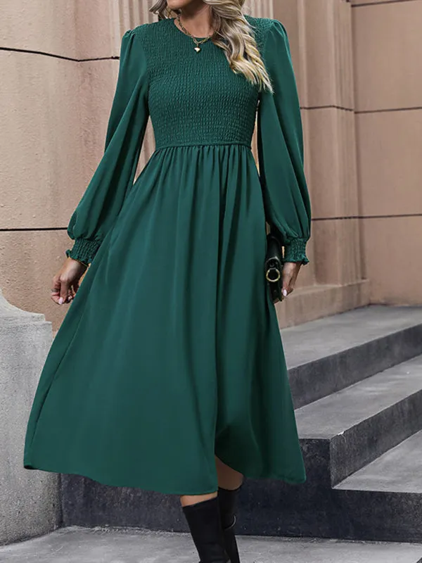 Elegant Solid Bishop Sleeve Smocked Bodice Long Dress