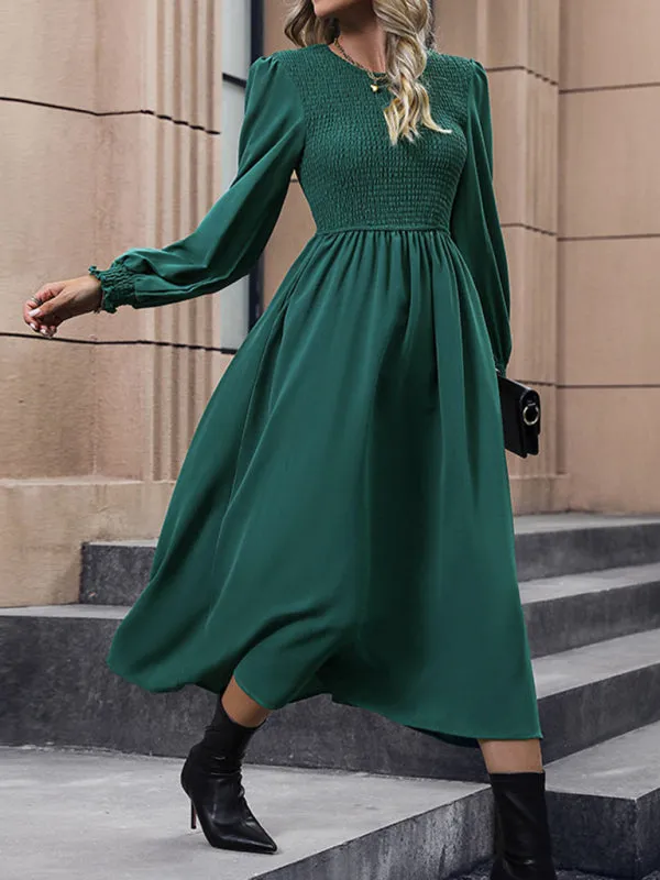 Elegant Solid Bishop Sleeve Smocked Bodice Long Dress