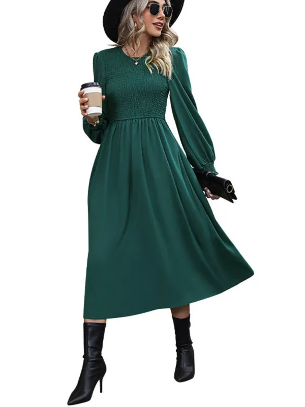 Elegant Solid Bishop Sleeve Smocked Bodice Long Dress