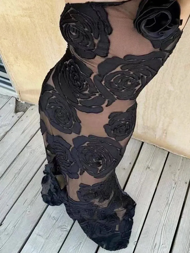 Formal Black Rose Detail Maxi Dress