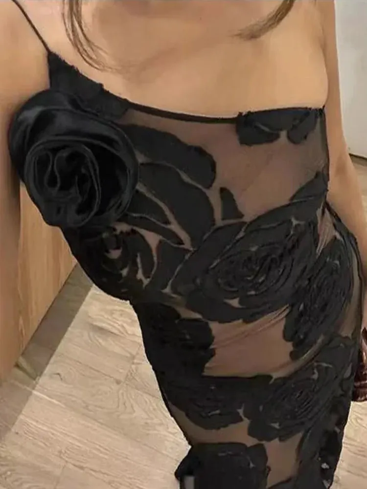 Formal Black Rose Detail Maxi Dress