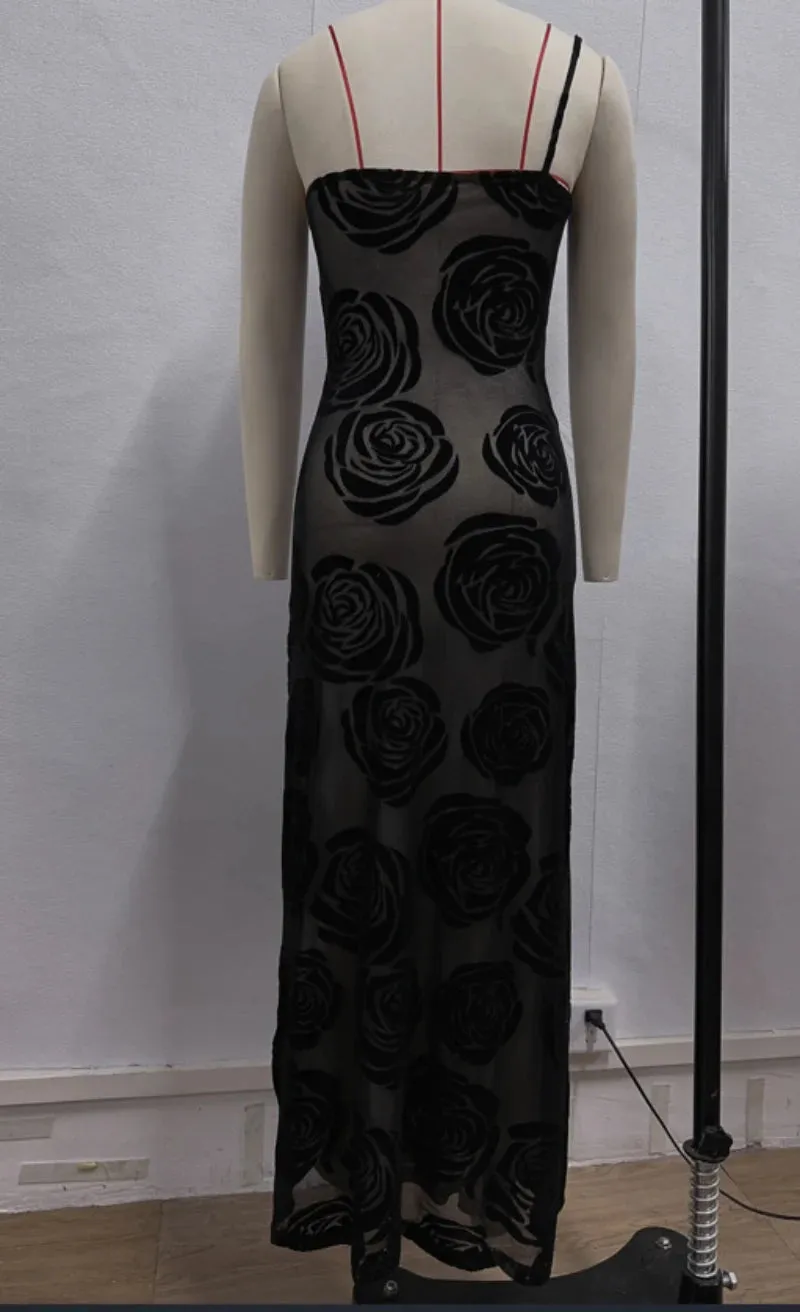 Formal Black Rose Detail Maxi Dress