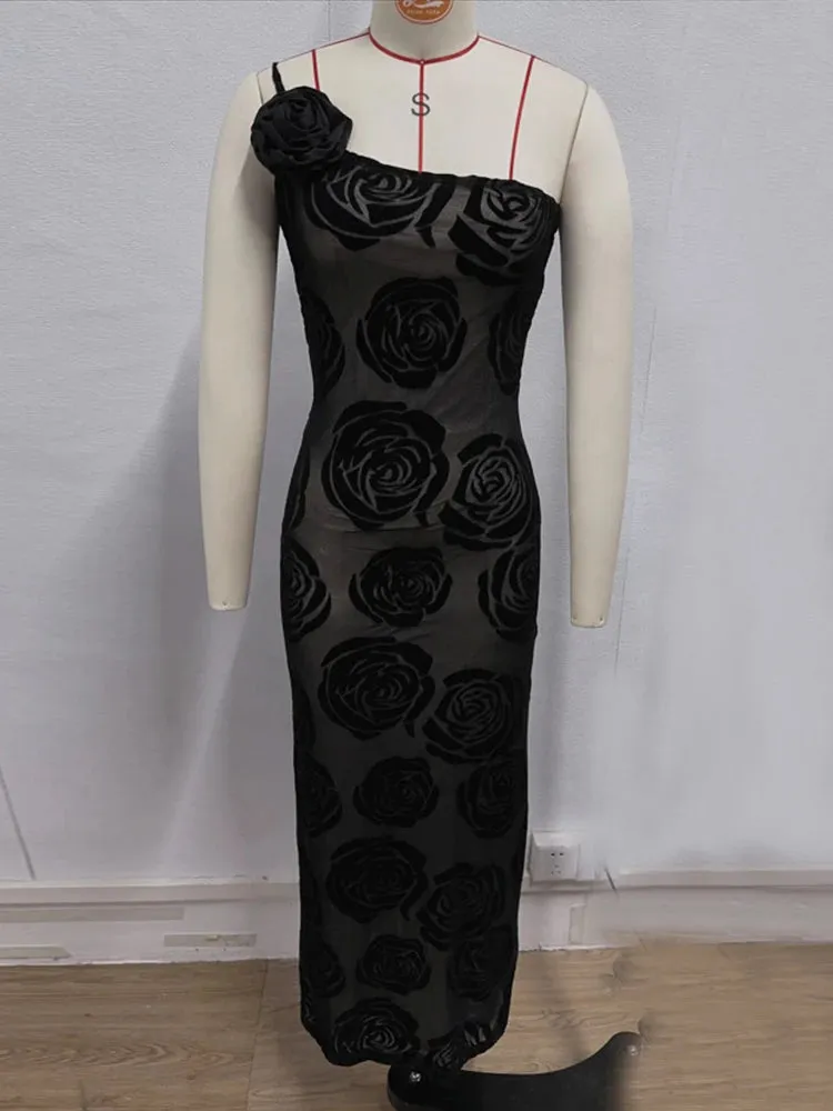 Formal Black Rose Detail Maxi Dress