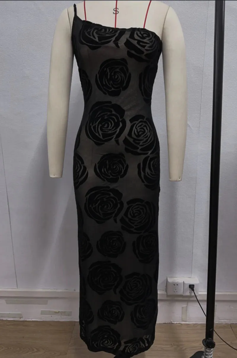 Formal Black Rose Detail Maxi Dress