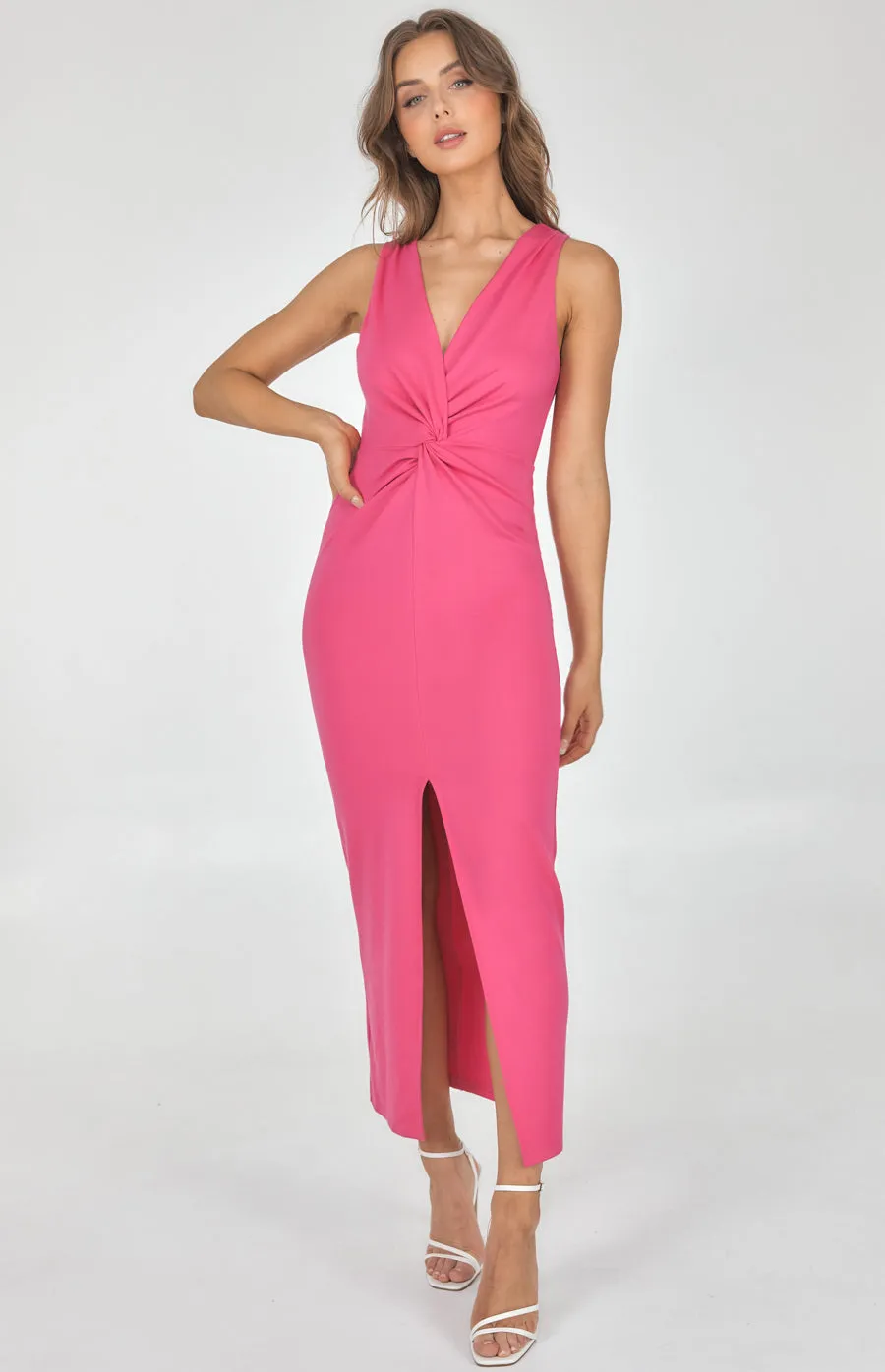 Front Knot Detail Stretch Maxi Dress with Centre Split