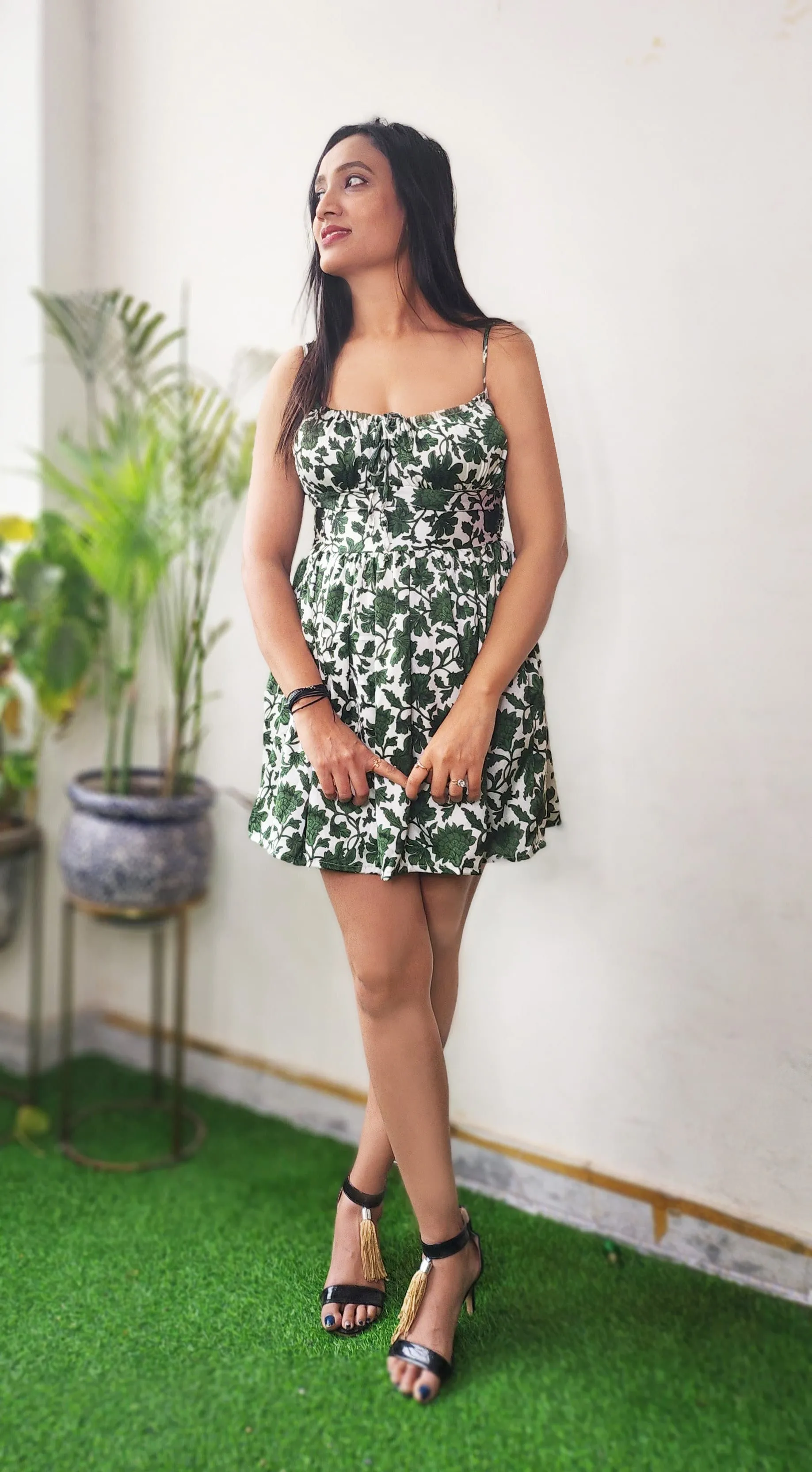 Green floral mini dress