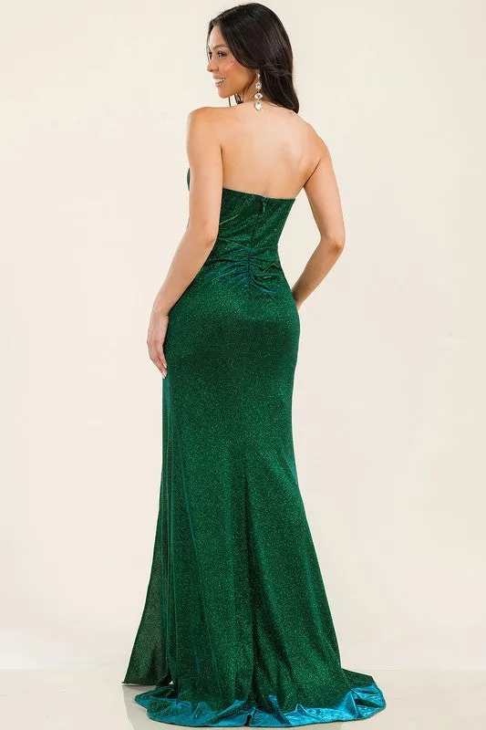 Green Strapless Glitter Long Train Mermaid Maxi Dress