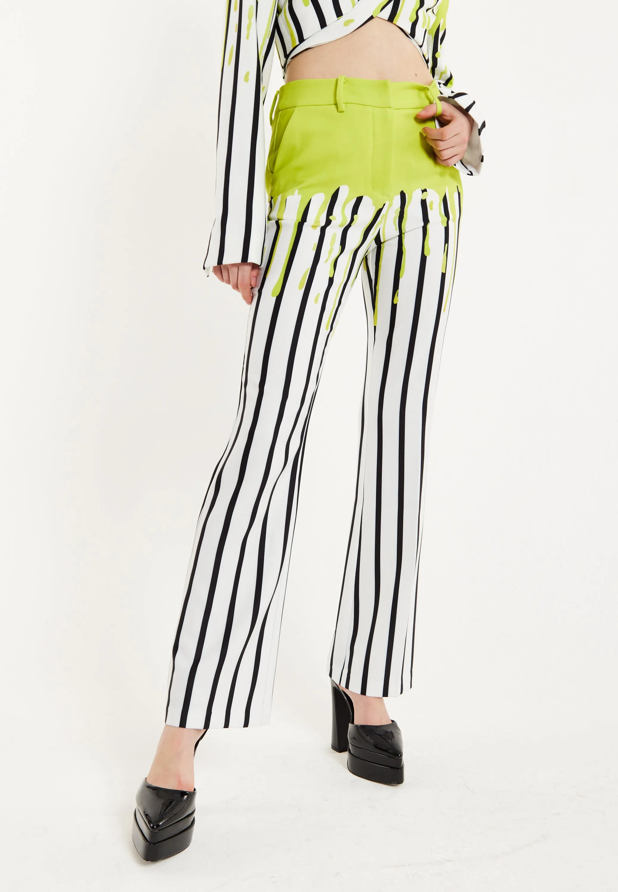 House Of Holland Stripe Monochrome Acid Green Splash Trousers