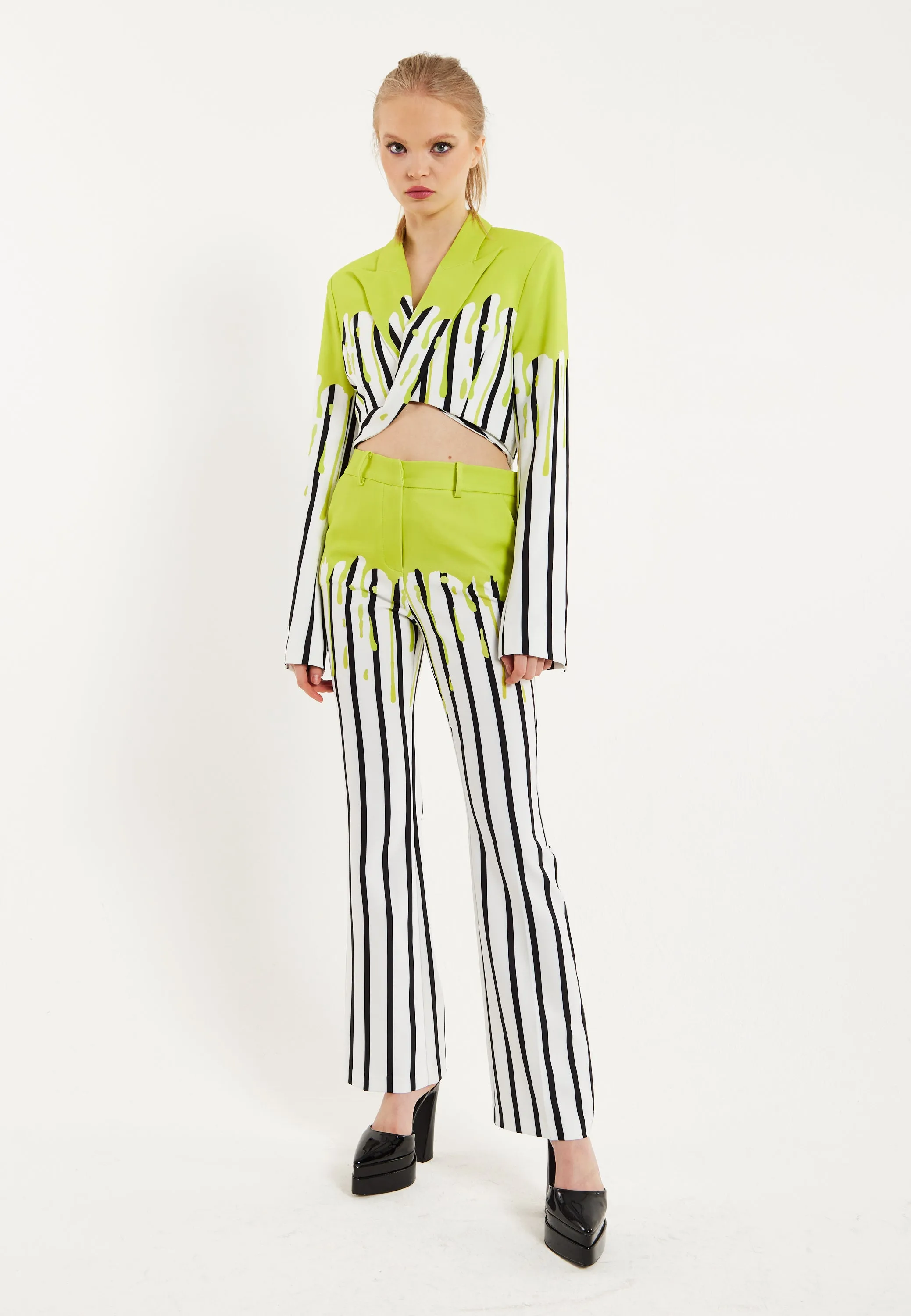 House Of Holland Stripe Monochrome Acid Green Splash Trousers