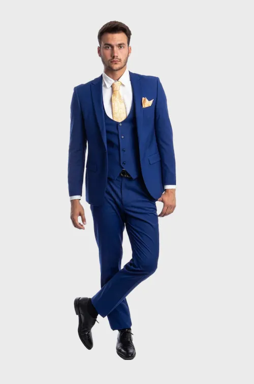 Navy Blue 3 Piece Peak Lapel Suit