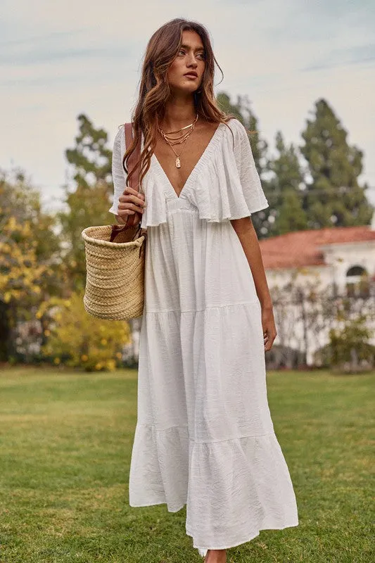 Off White Maxi Dress With Flutter Sleeves