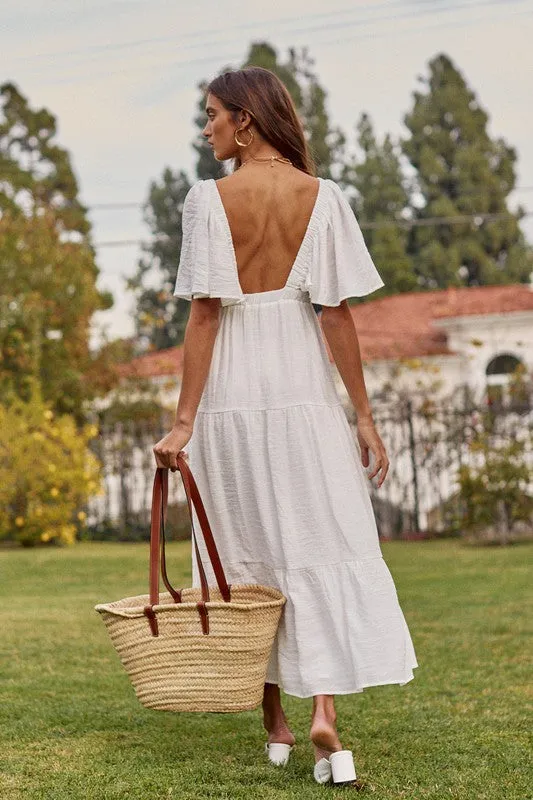 Off White Maxi Dress With Flutter Sleeves