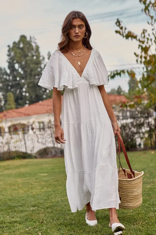 Off White Maxi Dress With Flutter Sleeves