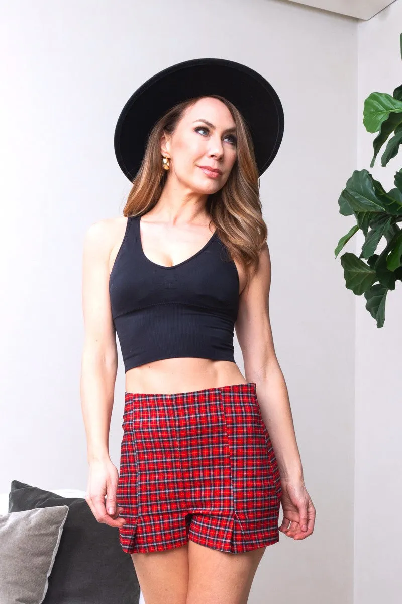 Red Plaid Skort Cut Mini Shorts* (HSP6612)