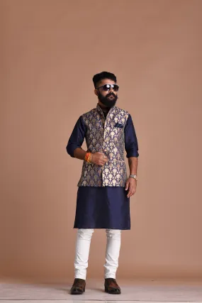 Stunning Diamond Pattern Banarasi Brocade Nehru Jacket with Kurta Pajama Set |Navy Blue-Golden| Best For Wedding Functions