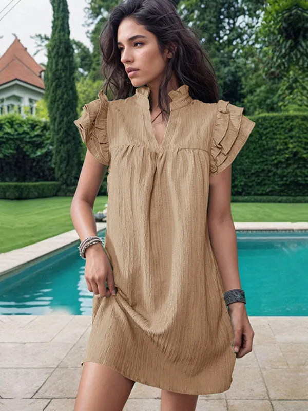 Summer Textured V-Neck Tunic Dress with Short Sleeves