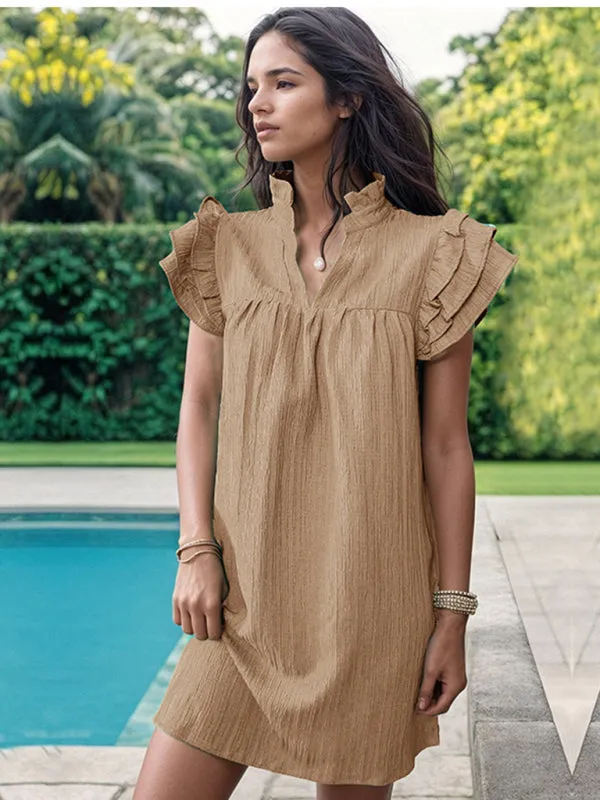 Summer Textured V-Neck Tunic Dress with Short Sleeves