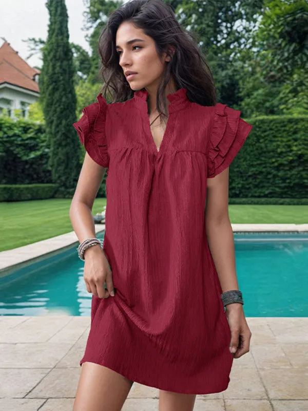 Summer Textured V-Neck Tunic Dress with Short Sleeves