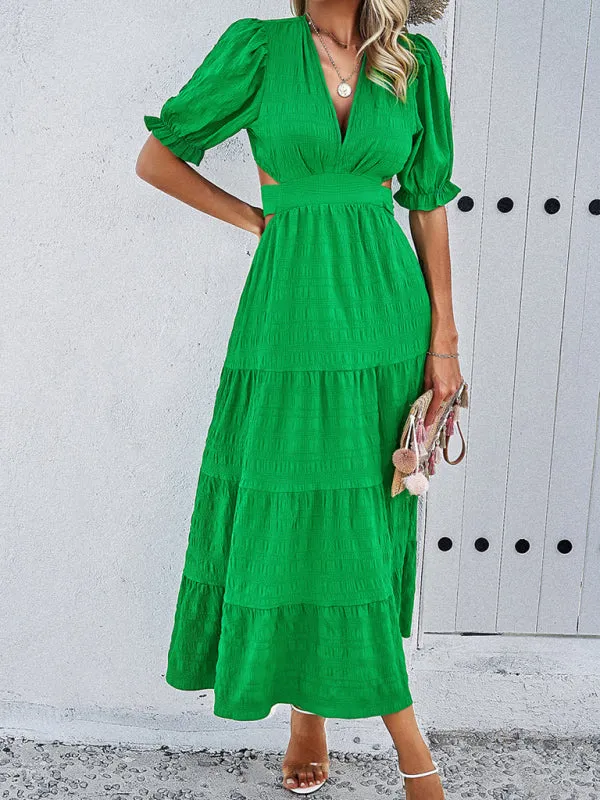 Tiered Textured A-Line Midi Dress with Open Back and Puff Sleeves