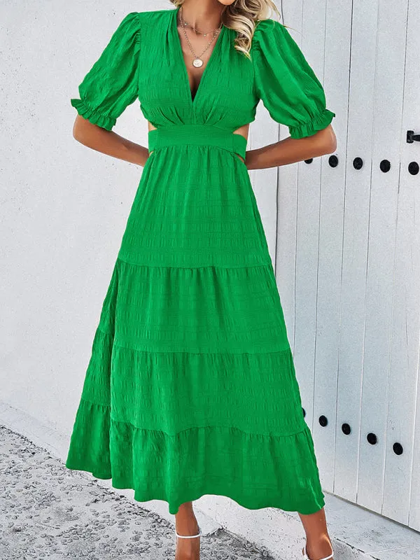 Tiered Textured A-Line Midi Dress with Open Back and Puff Sleeves