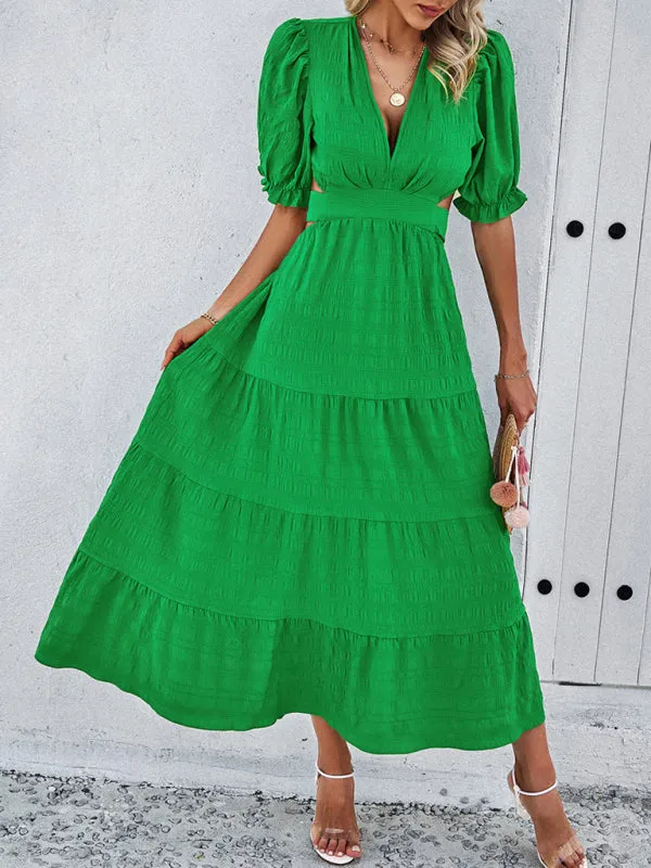 Tiered Textured A-Line Midi Dress with Open Back and Puff Sleeves