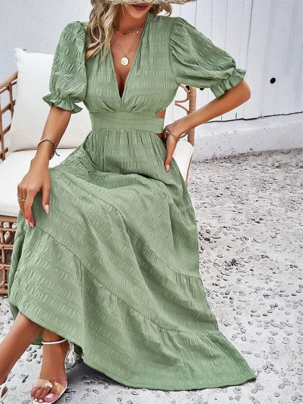 Tiered Textured A-Line Midi Dress with Open Back and Puff Sleeves