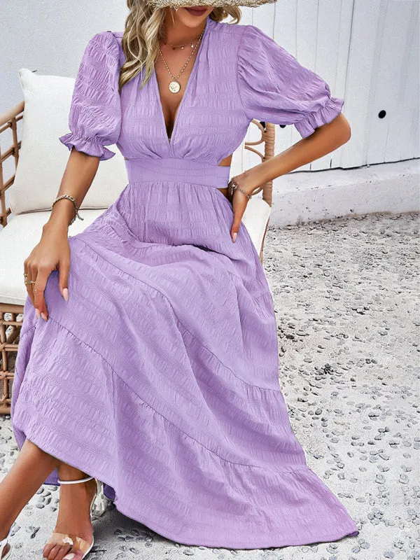 Tiered Textured A-Line Midi Dress with Open Back and Puff Sleeves