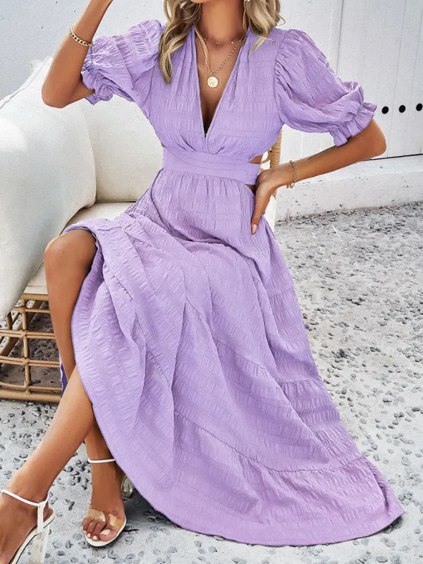 Tiered Textured A-Line Midi Dress with Open Back and Puff Sleeves