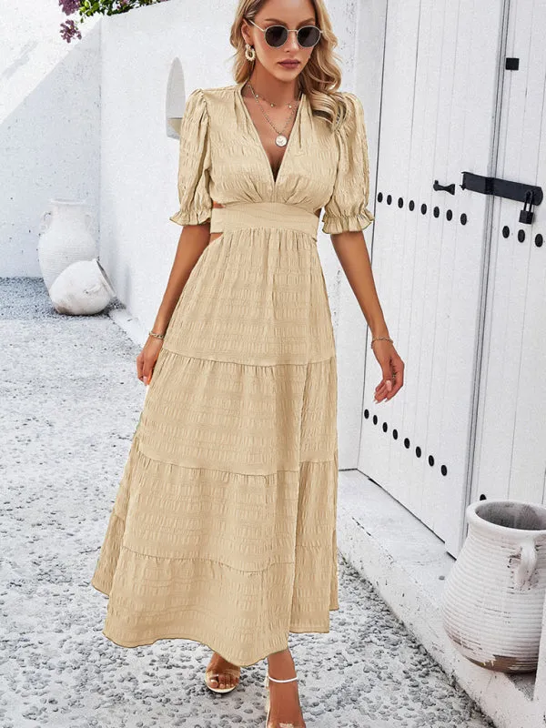 Tiered Textured A-Line Midi Dress with Open Back and Puff Sleeves