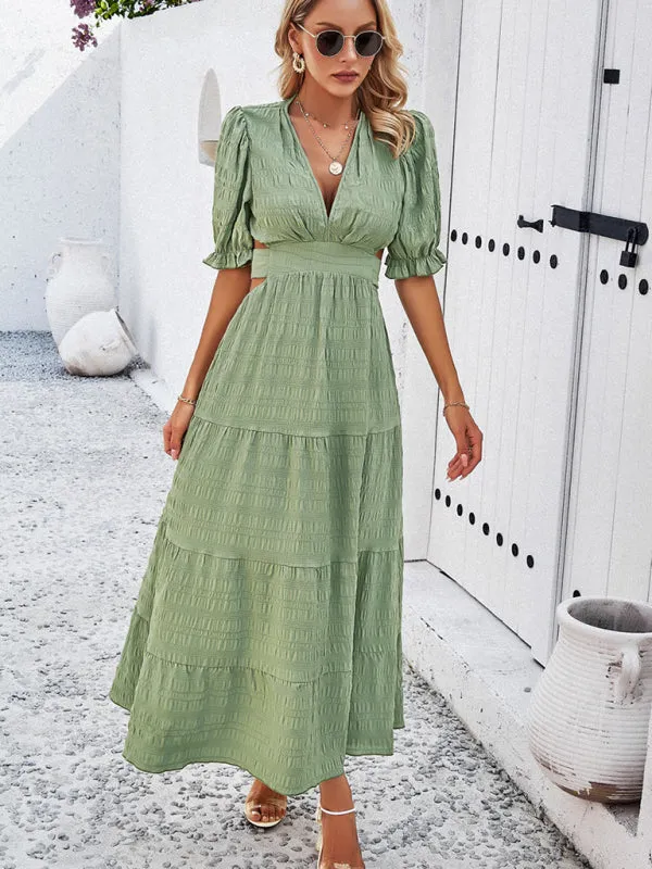 Tiered Textured A-Line Midi Dress with Open Back and Puff Sleeves