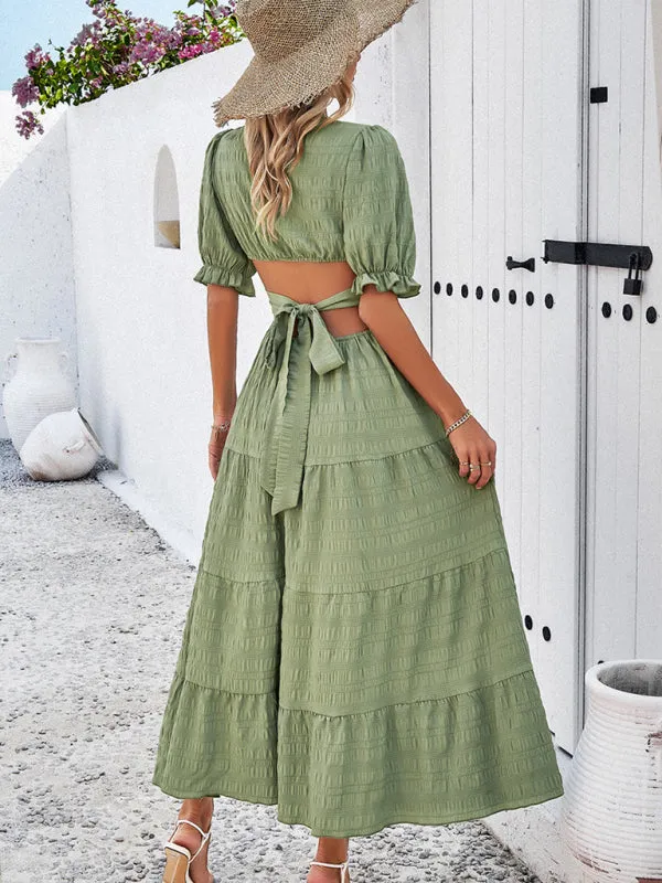 Tiered Textured A-Line Midi Dress with Open Back and Puff Sleeves