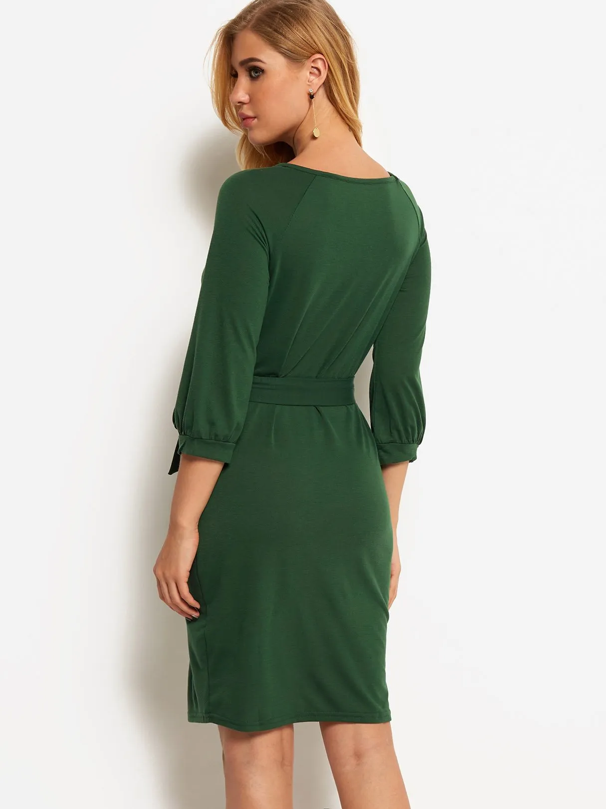 Wholesale Army Green Round Neck 3/4 Sleeve Plain Self-Tie Casual Dresses