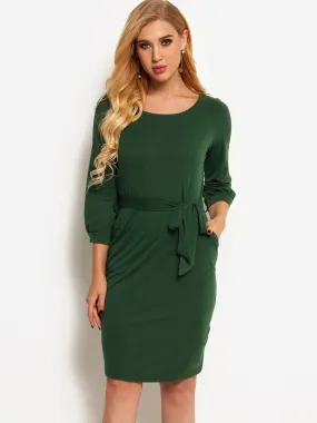 Wholesale Army Green Round Neck 3/4 Sleeve Plain Self-Tie Casual Dresses