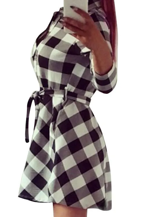 Wholesale Black & White 3/4 Length Sleeve Grid Casual Dress