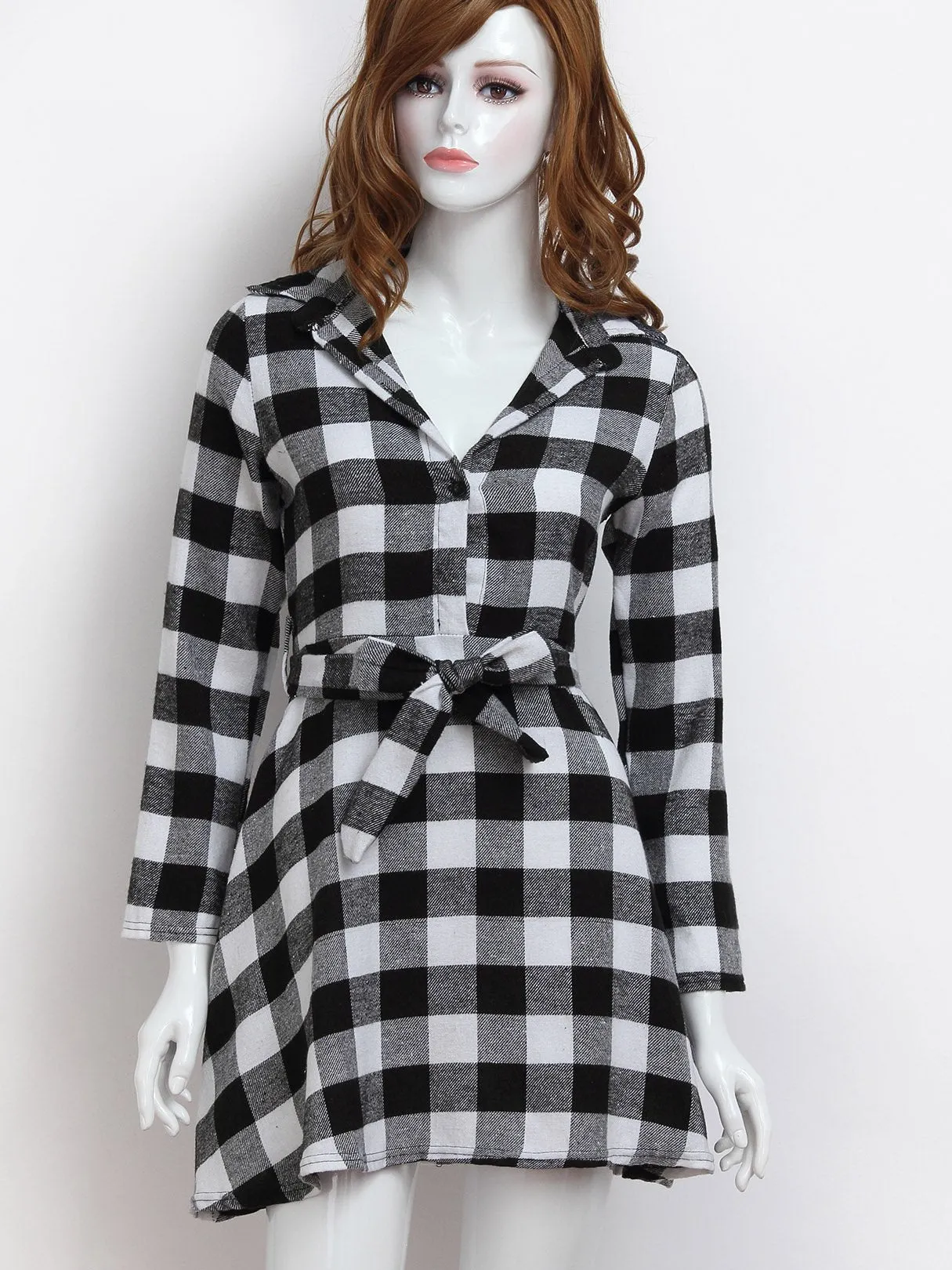 Wholesale Black & White 3/4 Length Sleeve Grid Casual Dress