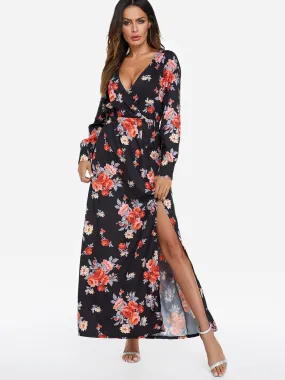 Wholesale Black Deep V Neck Long Sleeve Floral Print Wrap Slit Hem Maxi Dress