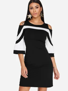 Wholesale Black Round Neck Cold Shoulder Long Sleeve Stripe Cut Out Casual Dresses